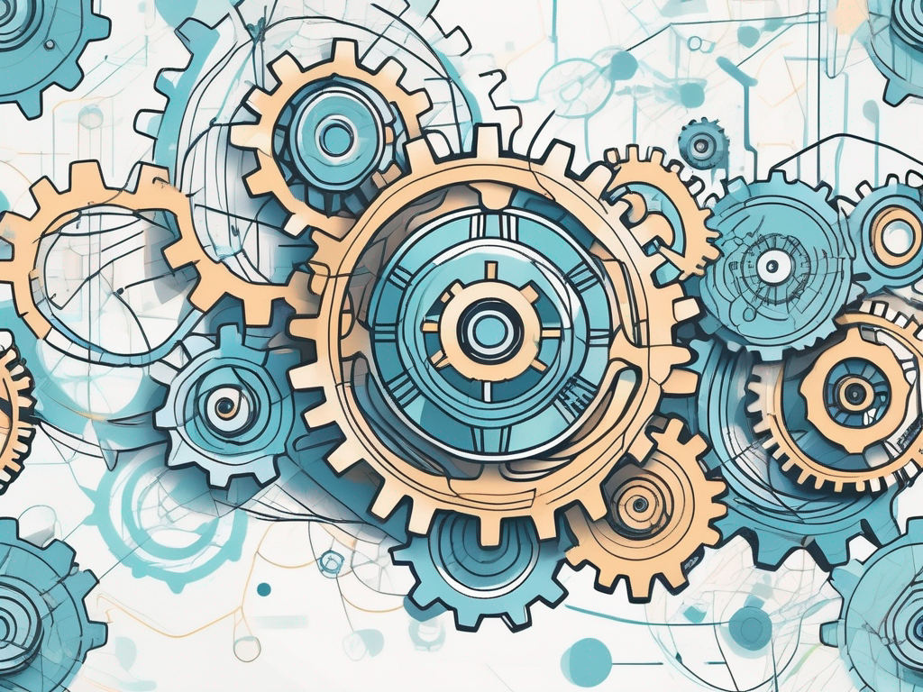 An abstract representation of interconnected gears and digital elements