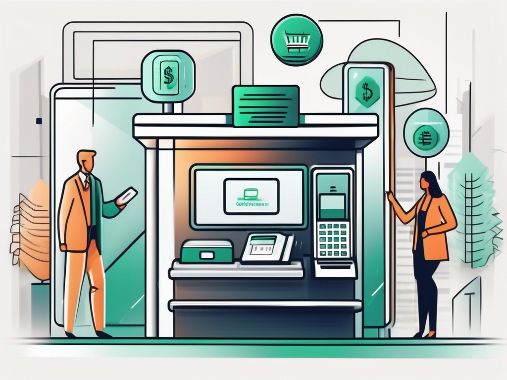 A modern bank terminal surrounded by various payment options like credit cards