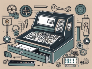 A modern cash register surrounded by various troubleshooting tools and icons