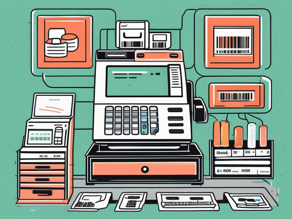 An intricate and modern cash register surrounded by various essential features like a barcode scanner