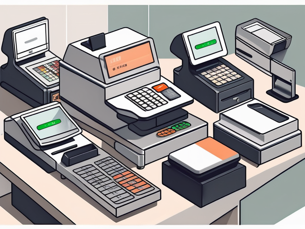 An assortment of modern cash register systems and payment devices arranged on a sleek countertop