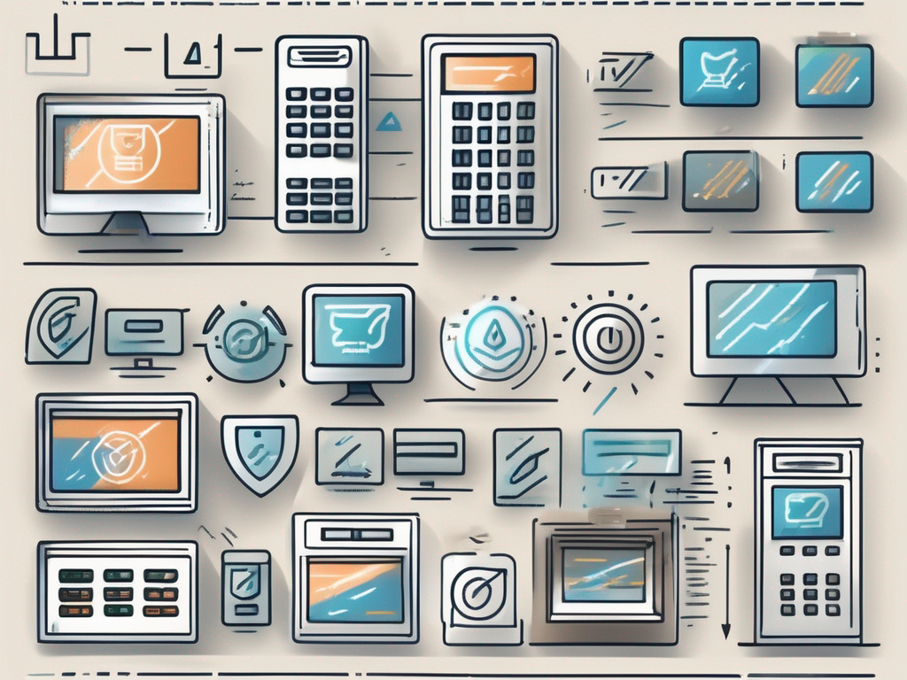 An array of modern bank terminals displaying various payment options